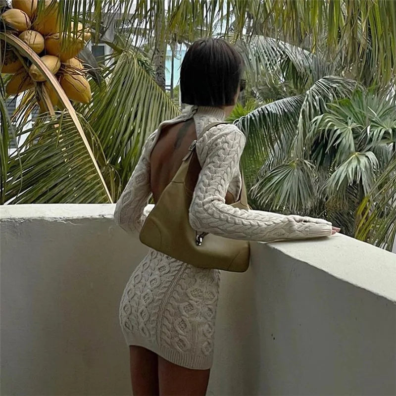 Knitted Long Sleeve Backless Mini Dress