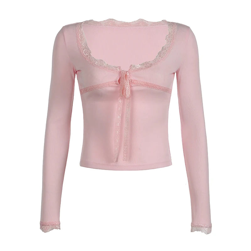 Lace Patchwork Shirt Long Sleeve Pink