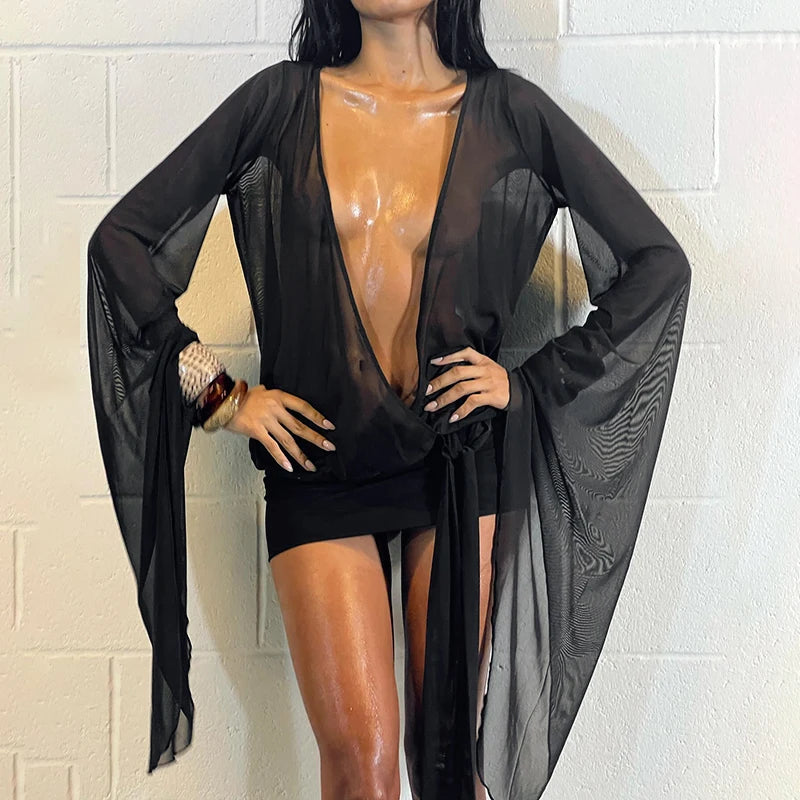 Meh Low-Cut Mini Short Dress Deep V-Neck See-Through Meh Lace-Up Skeleton Backless Hip Dress