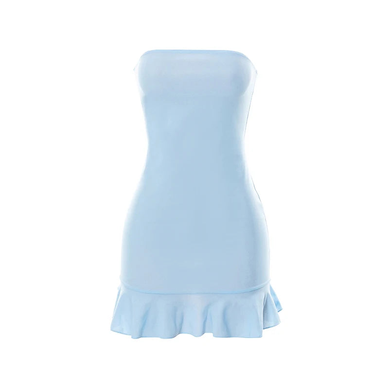 Soft Tender Slight Blue Strapless Wrap Mini Pleated Dress Pullover Charm Dating