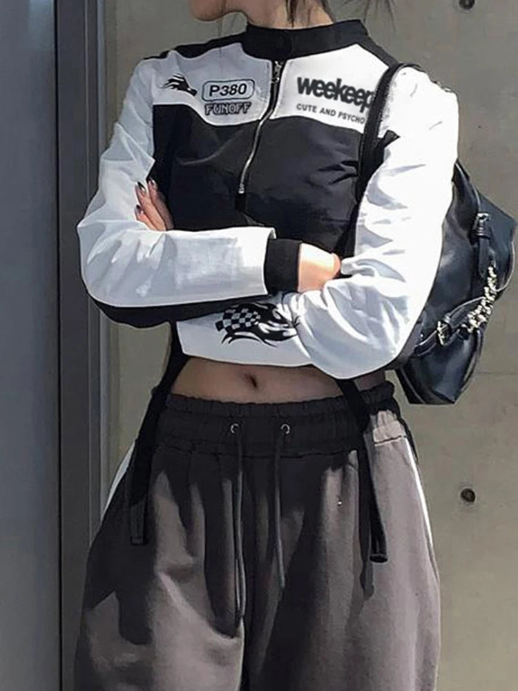 Moto Biker Crop Jackets Zip Up Patchwork Coats