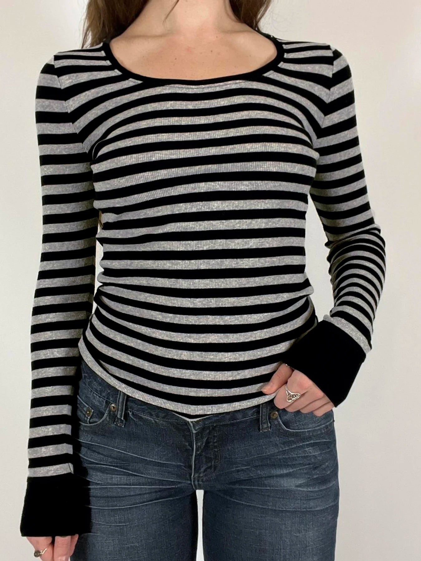 Striped Crewneck Top Tee Long Sleeves Slim