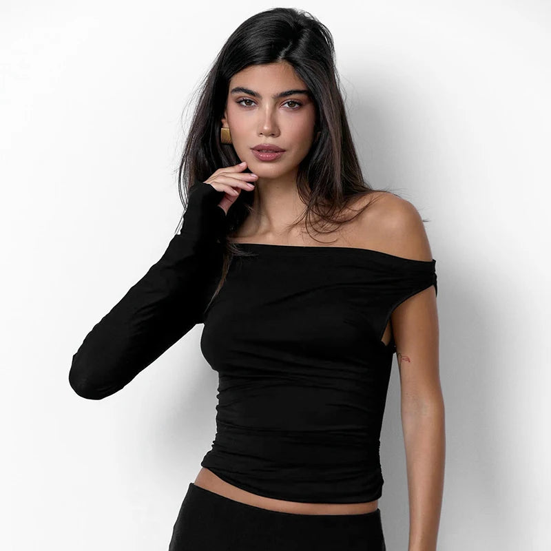 Irregular Top Slant Neck Single Sleeve Straple Micro Pleat Top T-Shirt Top