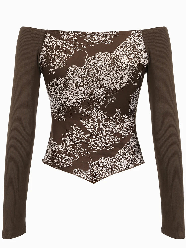 Floral Print Slim Top Tees Lace-up Brown ing Patchwork