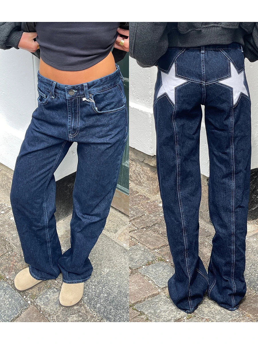Star Pattern Loose Straight Leg Denim Low Waist Jeans