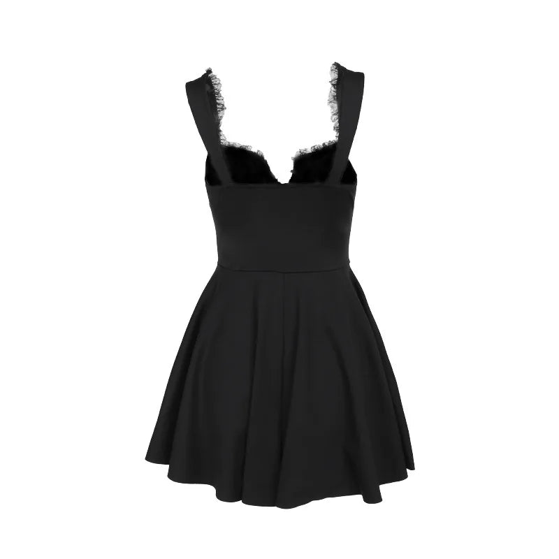 Sleeveless Lace Splicing Spice Slip Dress Slim Backless Ballet Pompadour Dress V-neck High-waisted Mini Dress