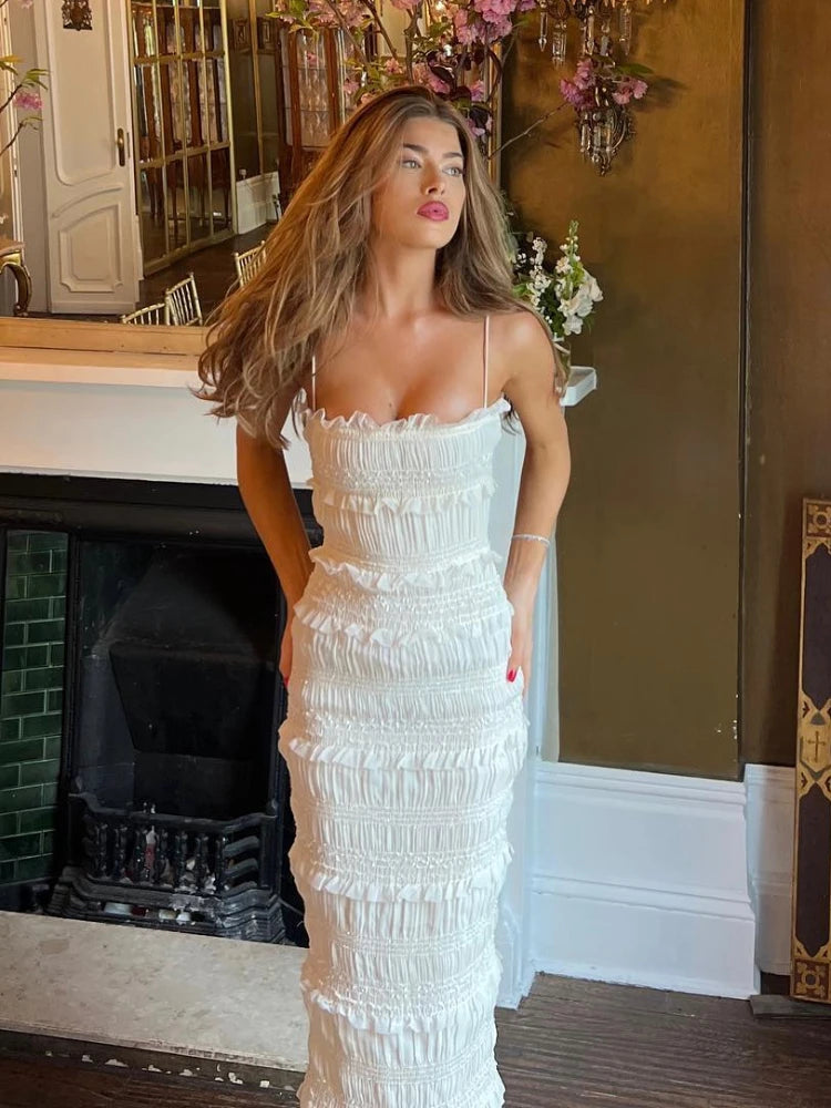 Maxi Spaghettt Strap Wed Bride Dress Formal Occasion Beige Slim Even Dress