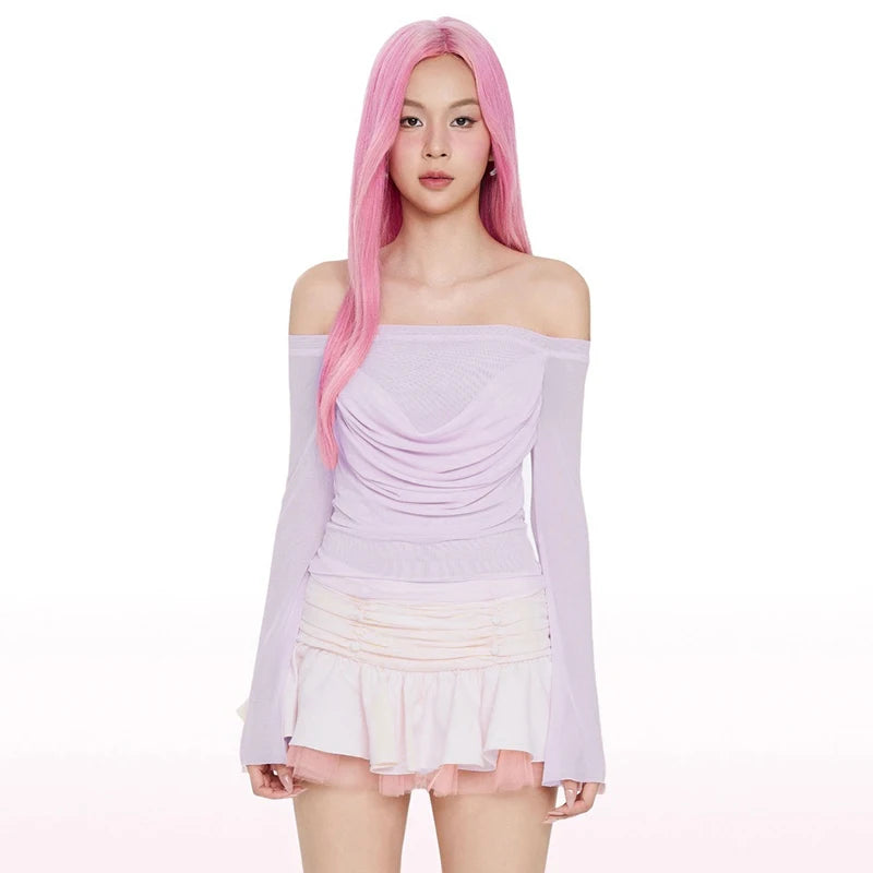 Looe Long Sleeve Meh One-Shoulder Top Light Slightly Tranparent Slim Pure Deire Wind Top