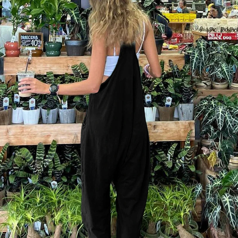 Black Loose Jumpsuits Sleeveless Pockets Overalls Leisure Rompers