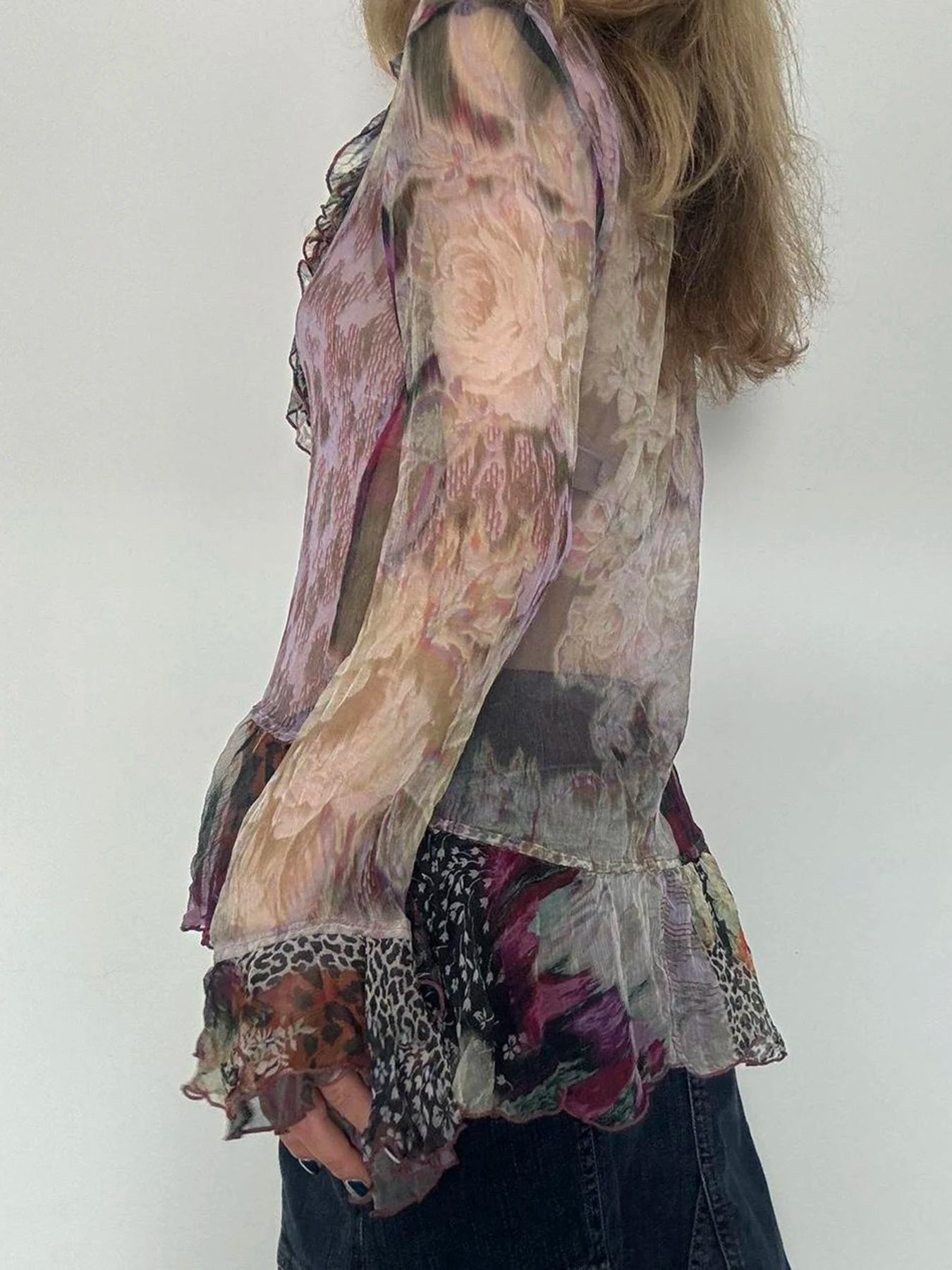 Tie Dye Shirt Ruffle Flare Sleeve Lace-up Retro See-through