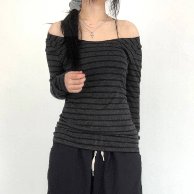 Strip Long Sleeve Tee Shirt Crewneck Slim