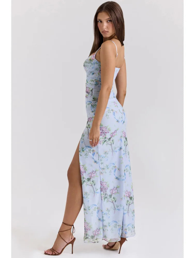 High Slit Floral Maxi Dress Purple Spaghetti Strap Evening Dress Slim