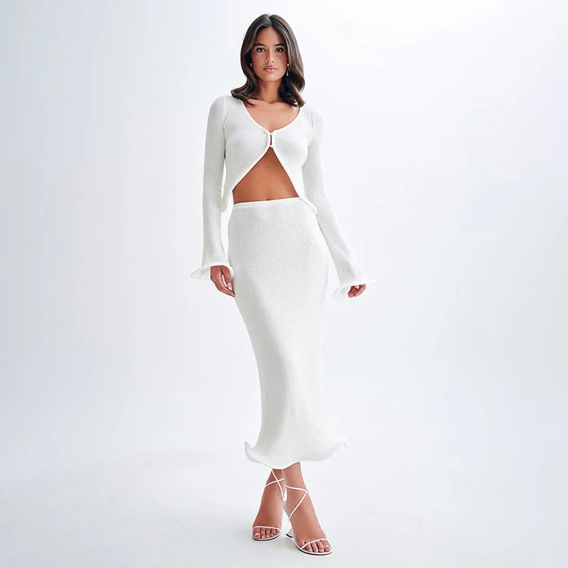 Knitt Skirt Suit Cut Out Cardigan Top Long Slim Skirt Two Piece Set