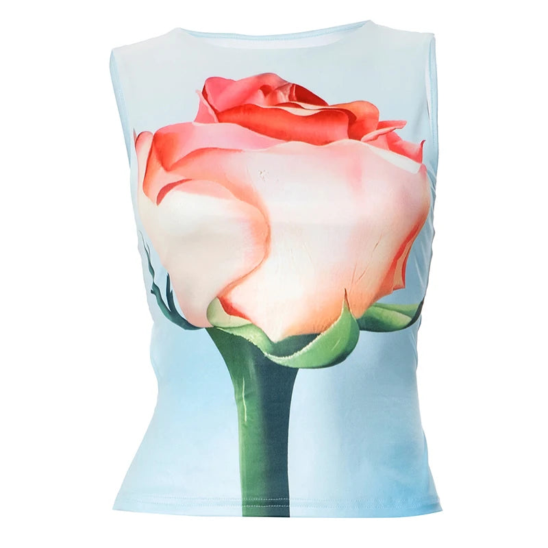 Spring And 'S Round Neck Flowers Printed Net Tie Slim Thin Tank Top Tank