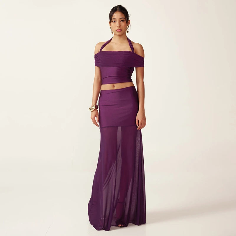 Meh Set Hanging Neck Backless Short Top See-Through Half Skirt Set