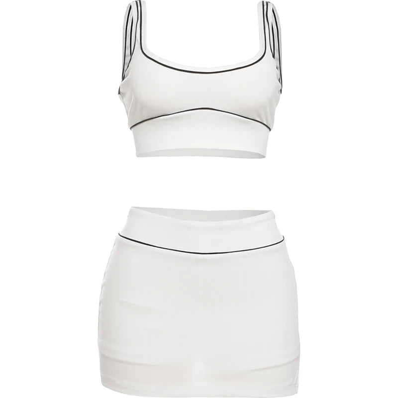 Ribbed Two Piece Set Black String Backless Tank Top Side Split Shorts Skirt Matching Suits