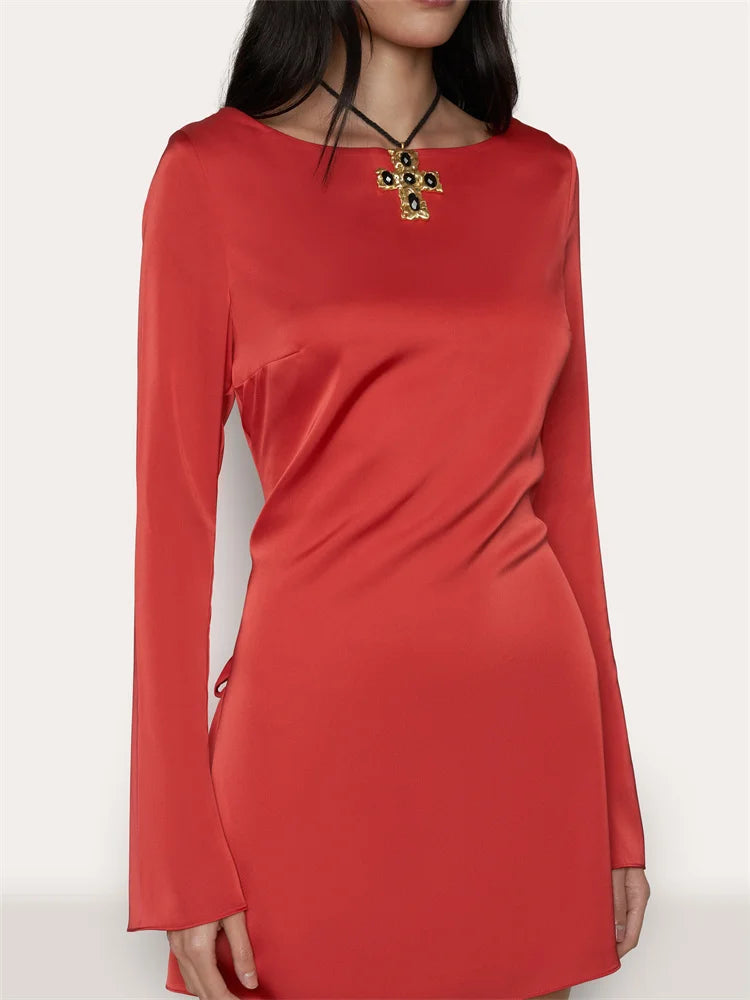 Satin Hollow Out Backless O-Neck Dress Long Sleeve Pullover Slim Fit Short Night Dress