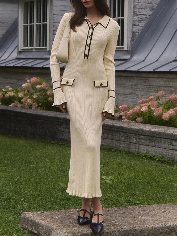 Ruffled Knit Dress Ribbed Contrast Long Sleeve High Waist Lapel Gown Dress Knit Ladies Maxi Dress