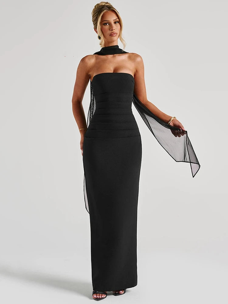 Scarf Collar Backless Bodycon Maxi Dress