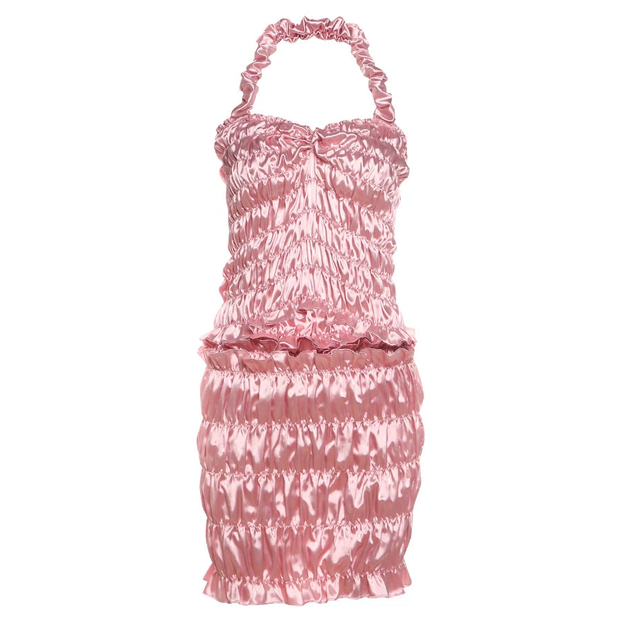 Pink Silky Top and Mini Skirt Set