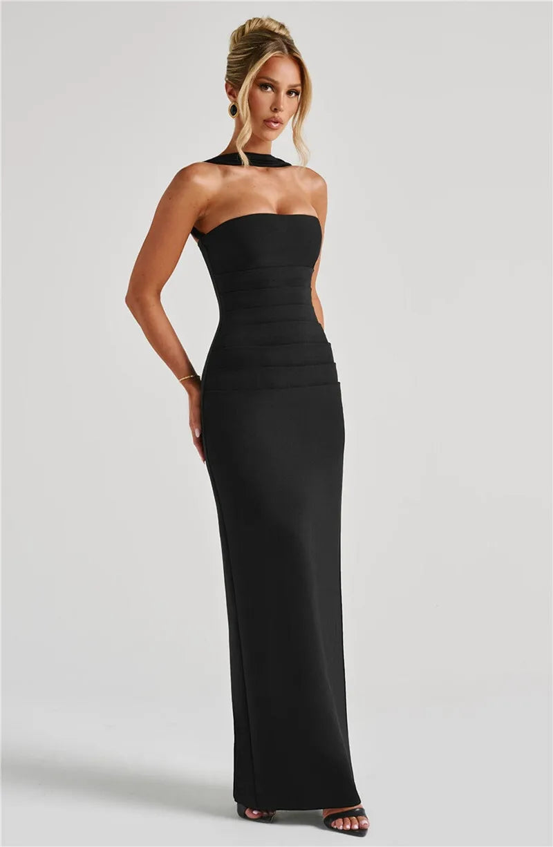 Scarf Collar Backless Bodycon Maxi Dress
