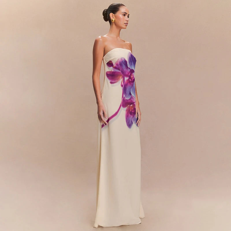 'S Floral Print Long Dress Strapless Sleeveless Backless Slim Dress Long Dress