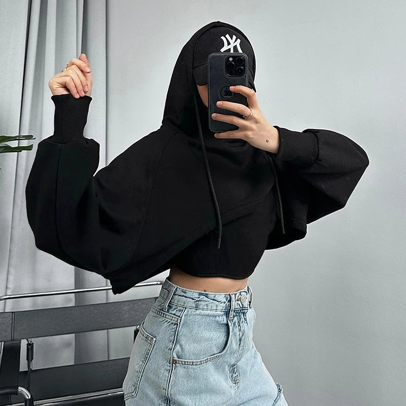 Thicken Drawtring Drawtring Hood Sweathirt Tank Top Long Sleeve Two Piece Set