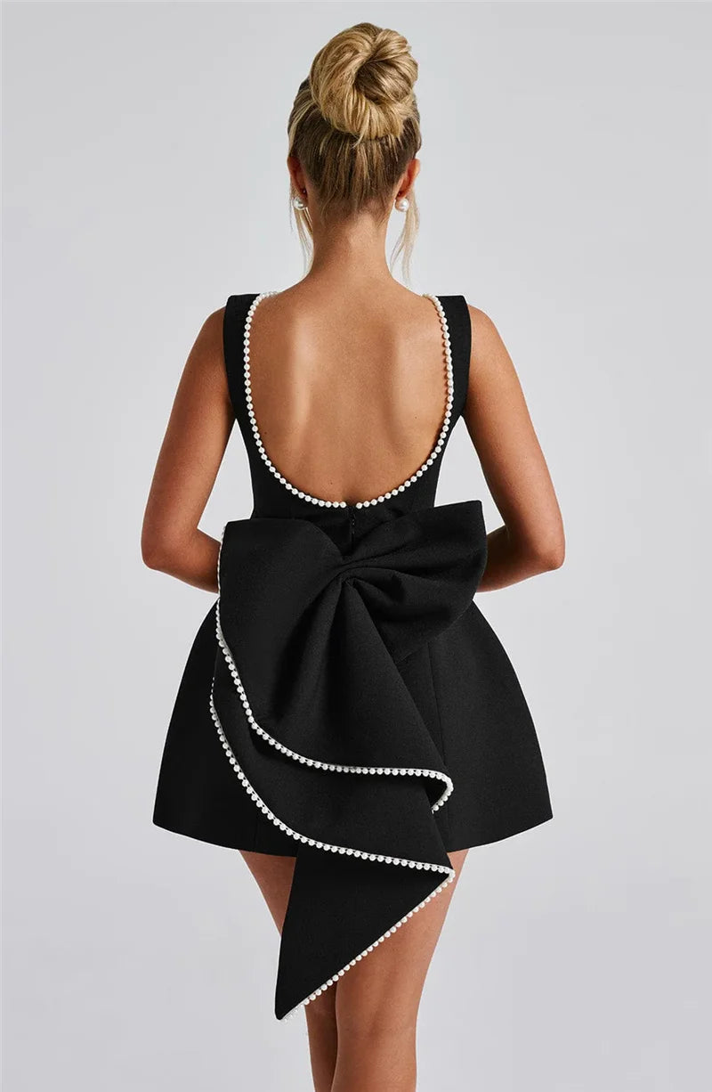 Pearl Bow Backless Mini Dress Zipper Sleeveless High Waist A-line Dress