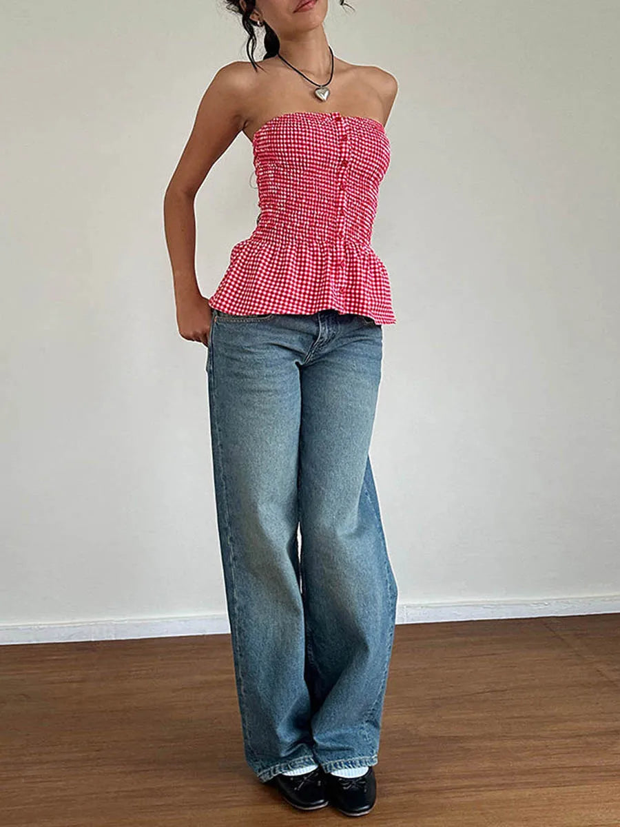 Red Gingham Crop Top Womean Strapless Ruffle Hem Sleeveless Button Cami Coquette Plaid Crop Top