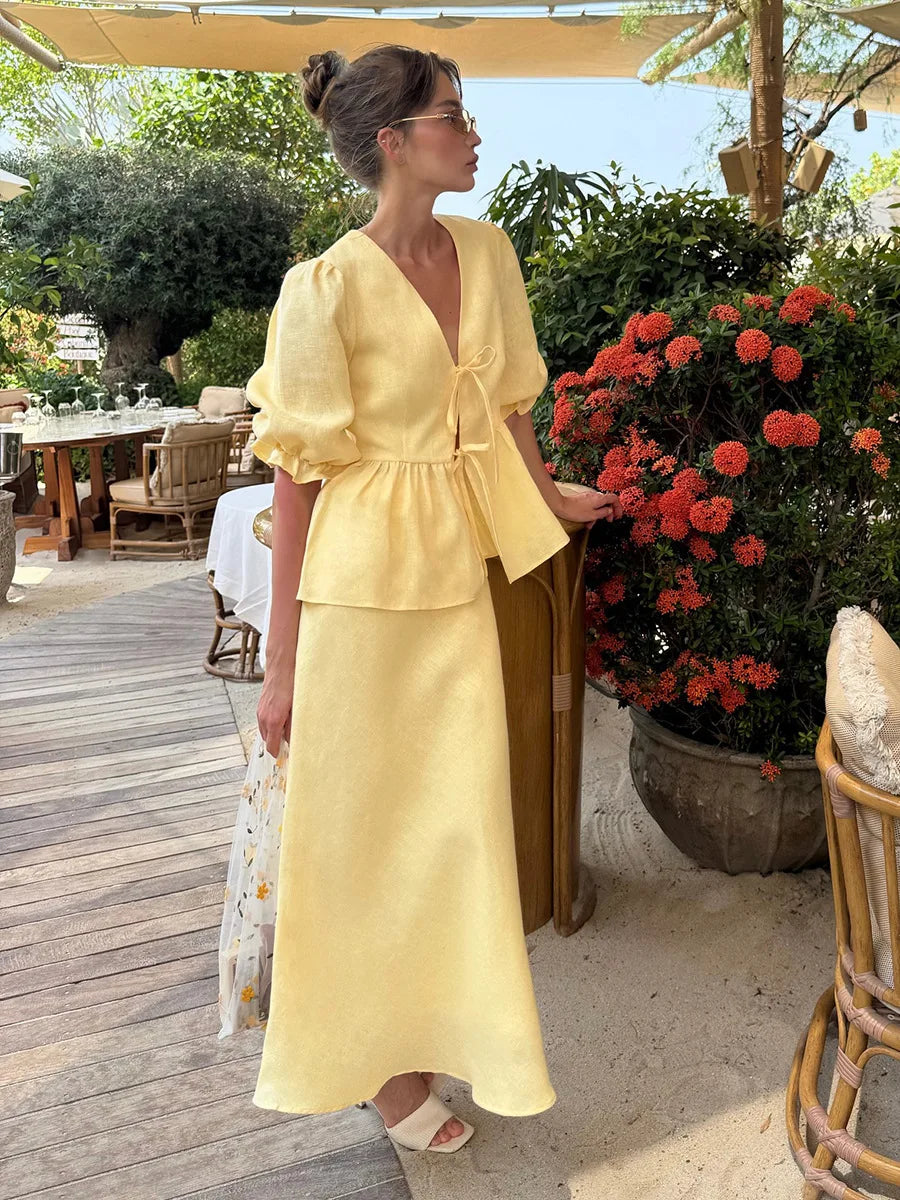 Yellow Cotton Short Sleeve Top and High Waist Midi Skirt Set
