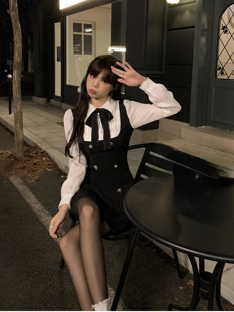 Fake Two Dress Slim Chic Long Sleeve Bow Casual Y2k Mini Dress Korean Short Dress