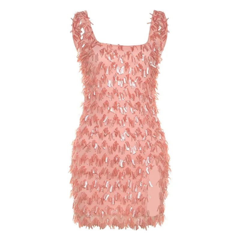 Orange Sequins Backless Split Mini Dress