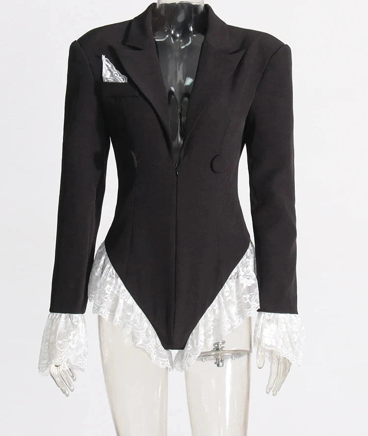 Colorblock Spliced Lace Jumpsuits Lapel Long Sleeve Tunic Patchwork Button Slimming Jumpsuit