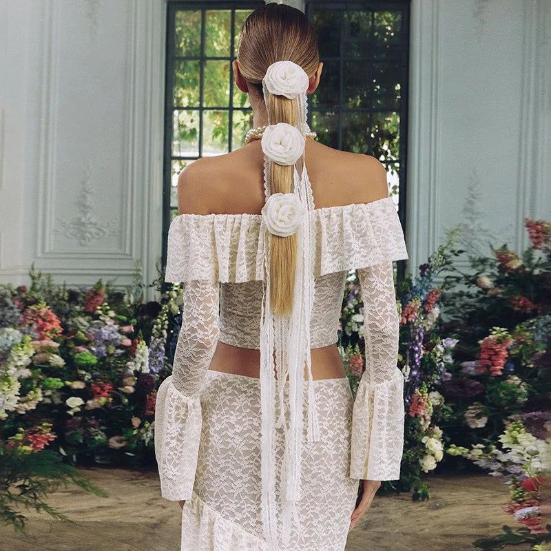 Transparent Lace Two Piece Sets Skirt Suit White Flare Sleeve T-shirt Long Skirt Skirt Set
