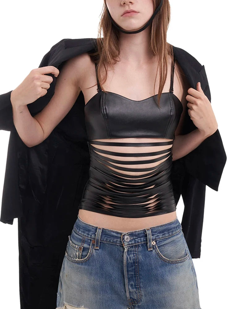 Faux Leather Camisole Top Multi-Cutout Midnight tie Versatile Mini Top