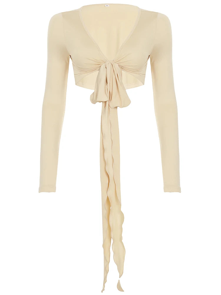 Slim Lace Up Leisure Shirts Long Sleeves V-neck s Top