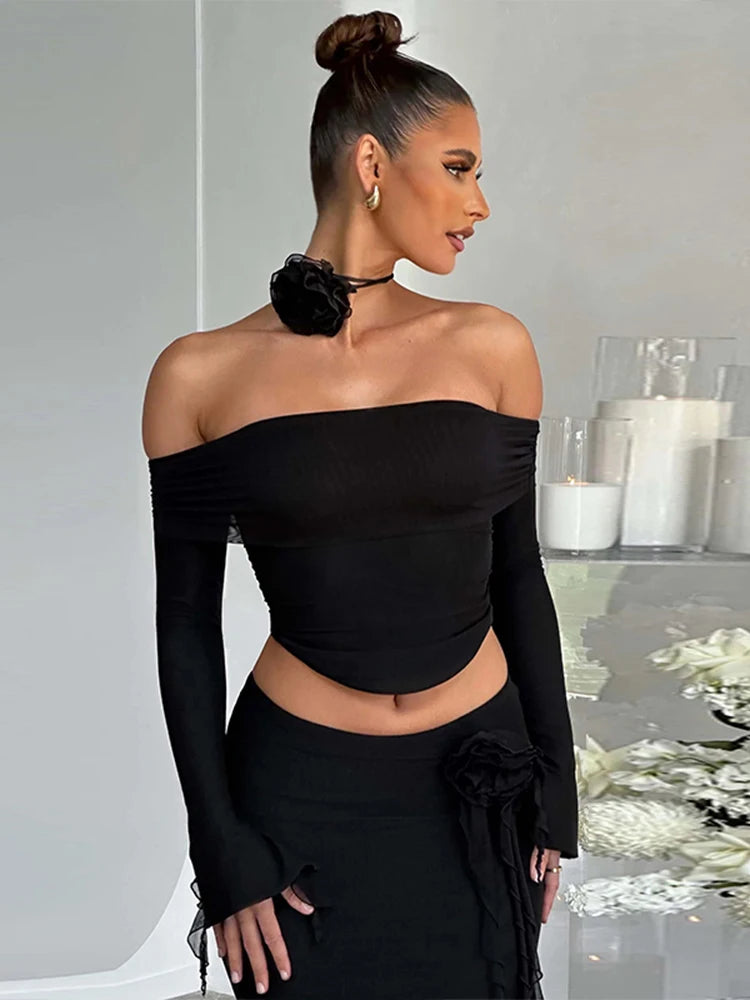 3D Flower Off Shoulder Crop Top Maxi Skirt Set