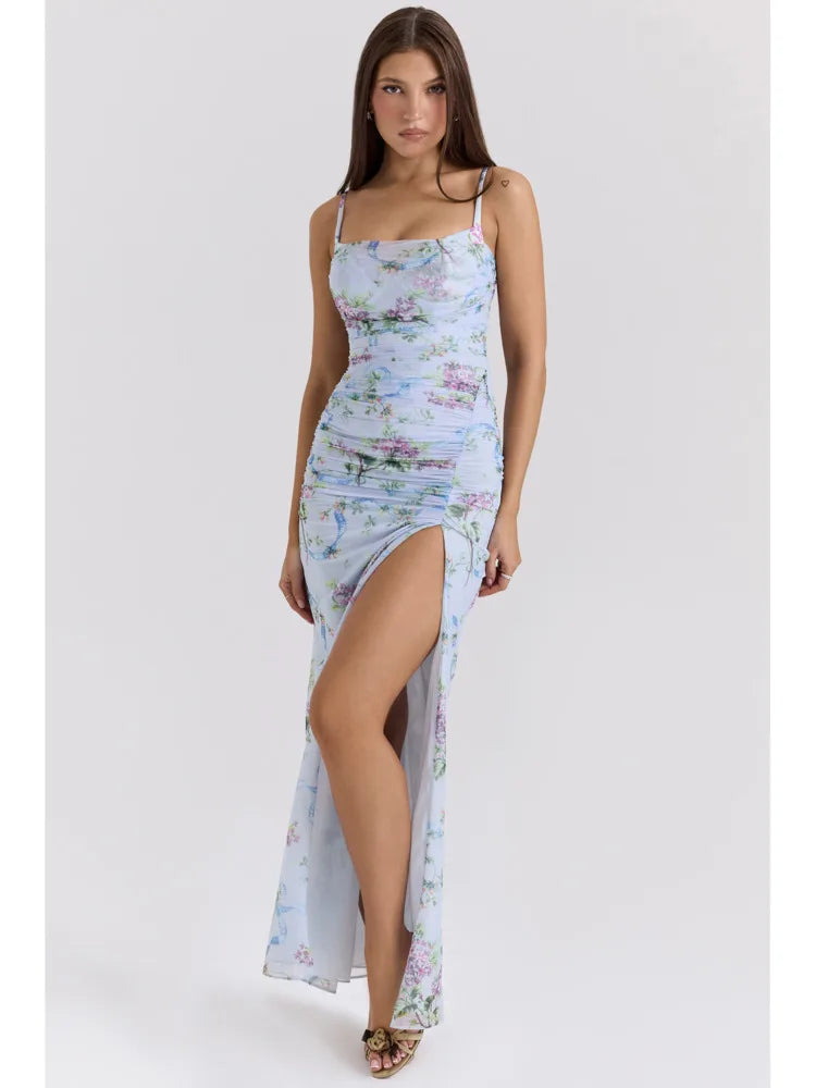 High Slit Floral Maxi Dress Purple Spaghetti Strap Evening Dress Slim