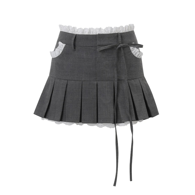 Gray Lace Up Pleated Mini Skirt