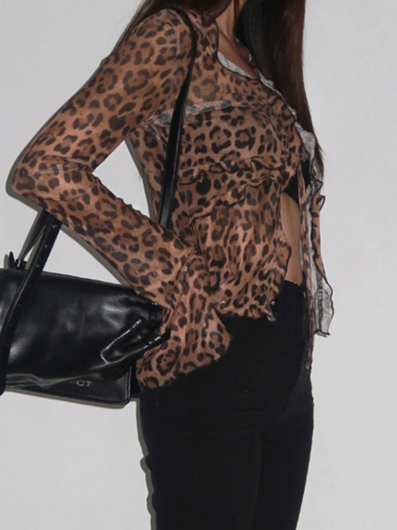 Leopard Meh Ruch Tee Shirt Lace-up Long Sleeve Brown