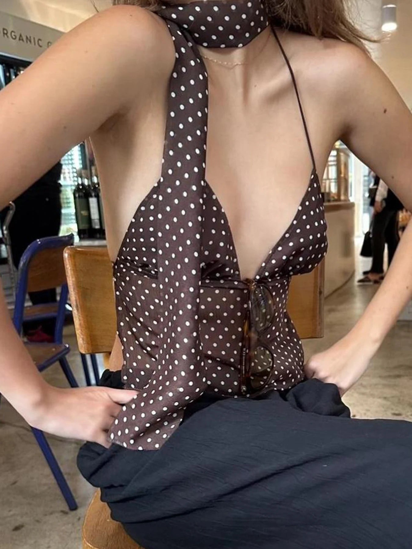 Backless Dot Print Camisole Halter Neck
