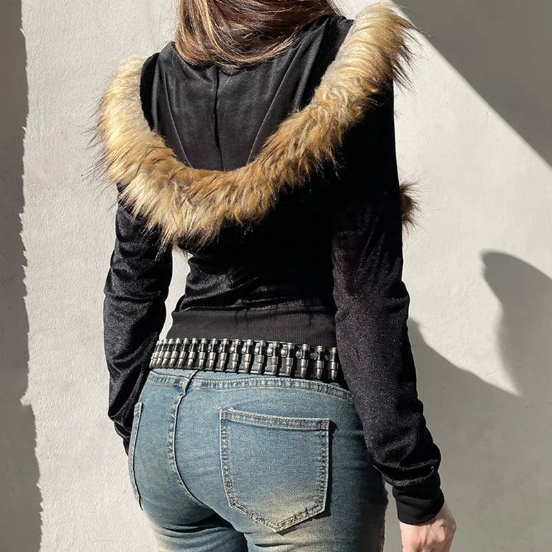 Zip Up Fur Neck Hoodie Coats 's Jackets Front Pockets