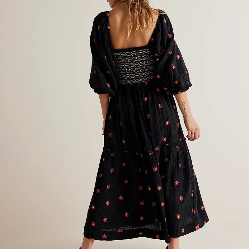 Ruffle Swing A Line Maxi Dress Bohemian Floral Dress Square Neck Long Sleeve Dress