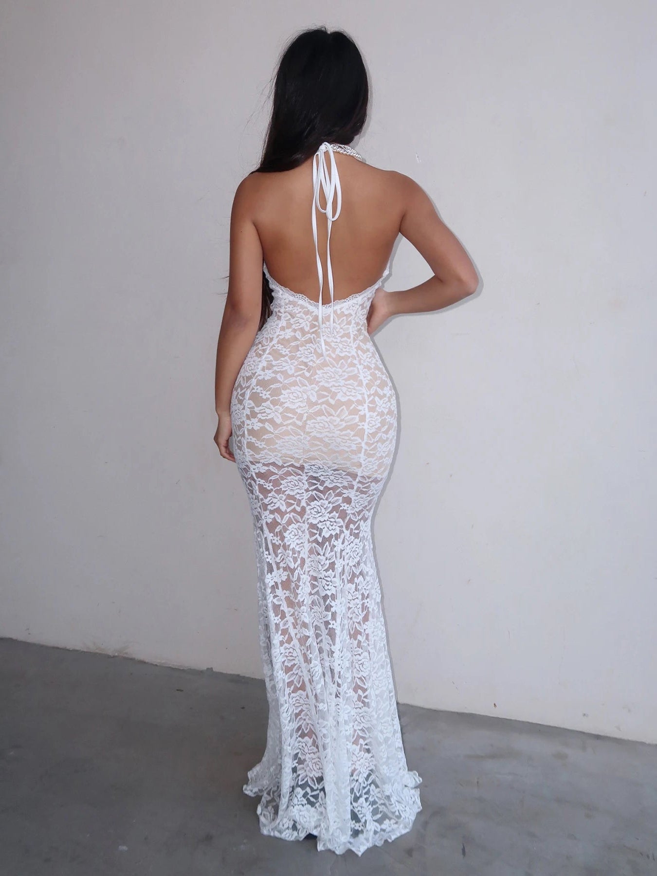 Hollow Out Lace Trumpet Dress Backless Deep V-Neck Sleeveless Maxi