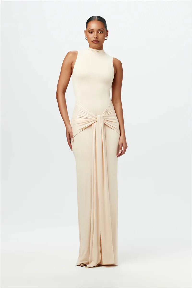Half High Collar Irregular Tank Dress Sleeveless Bodycon Ruched Long Dress