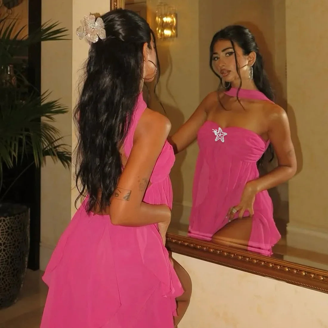 Floral Mesh Backless Strapless Mini Dress