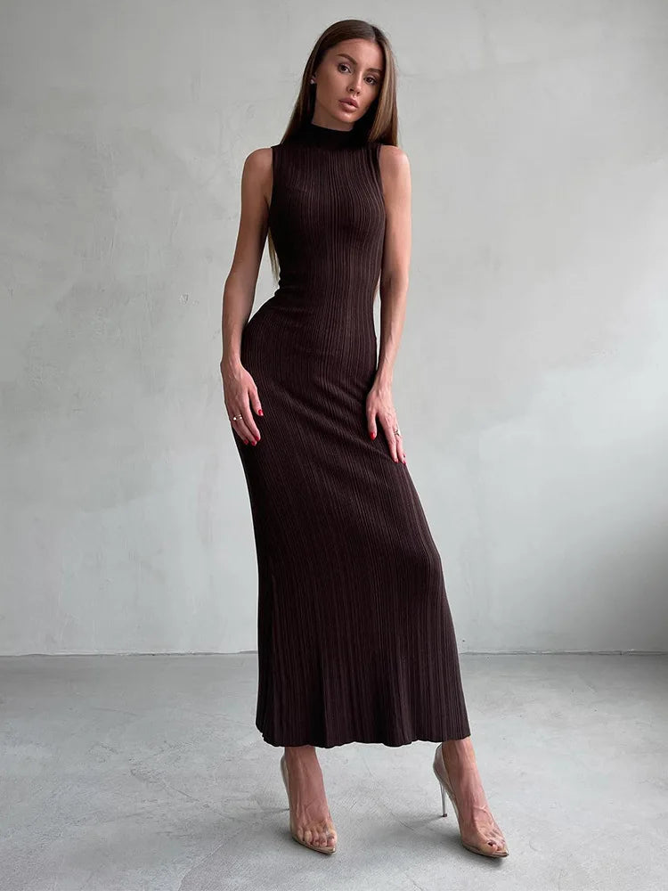Sleeveless Knit Turtleneck Long Dress Slim Ribbed Knit Dress Maxi Dress