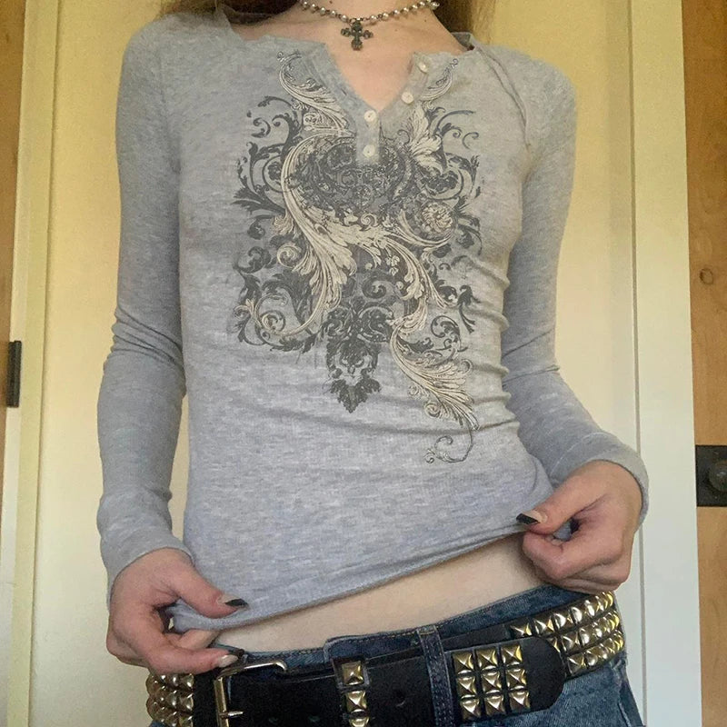 Graphic Slim Top Tee Long Sleeve Crewneck Grey Fairycore Shirt