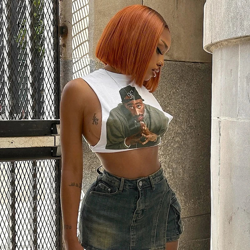Retro 3D Tank Top O Neck Sleevele Cut Out Vet Crop Top