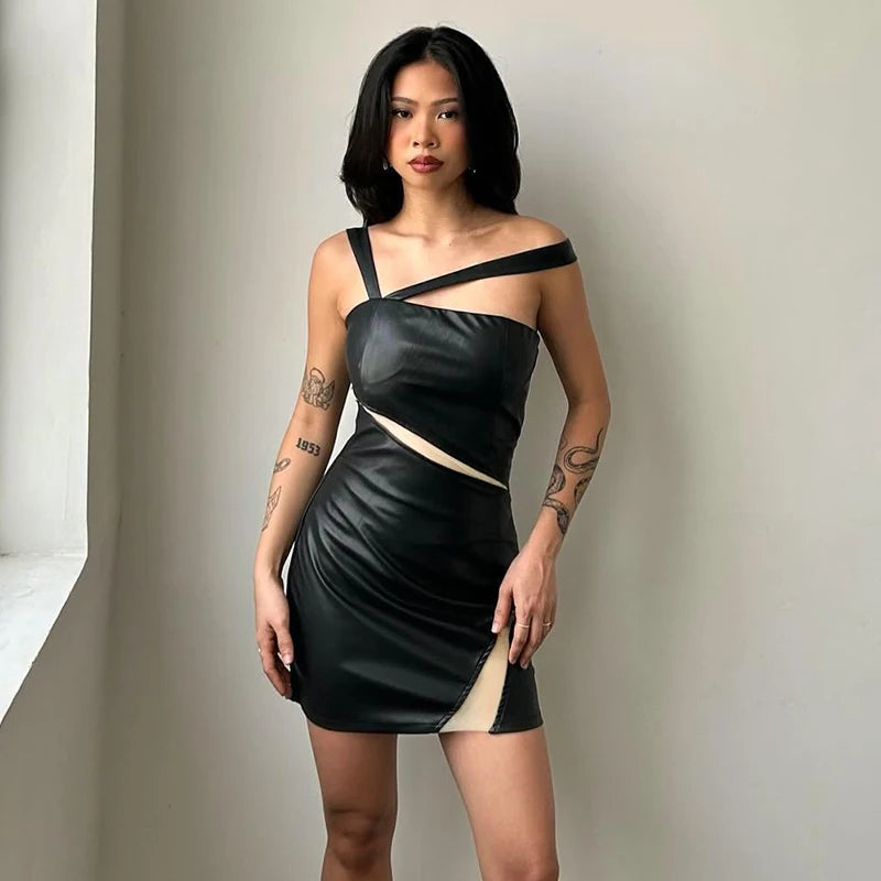 Leather Patchwork Meh Slant Strap Slimming Sleevele Hip Dress